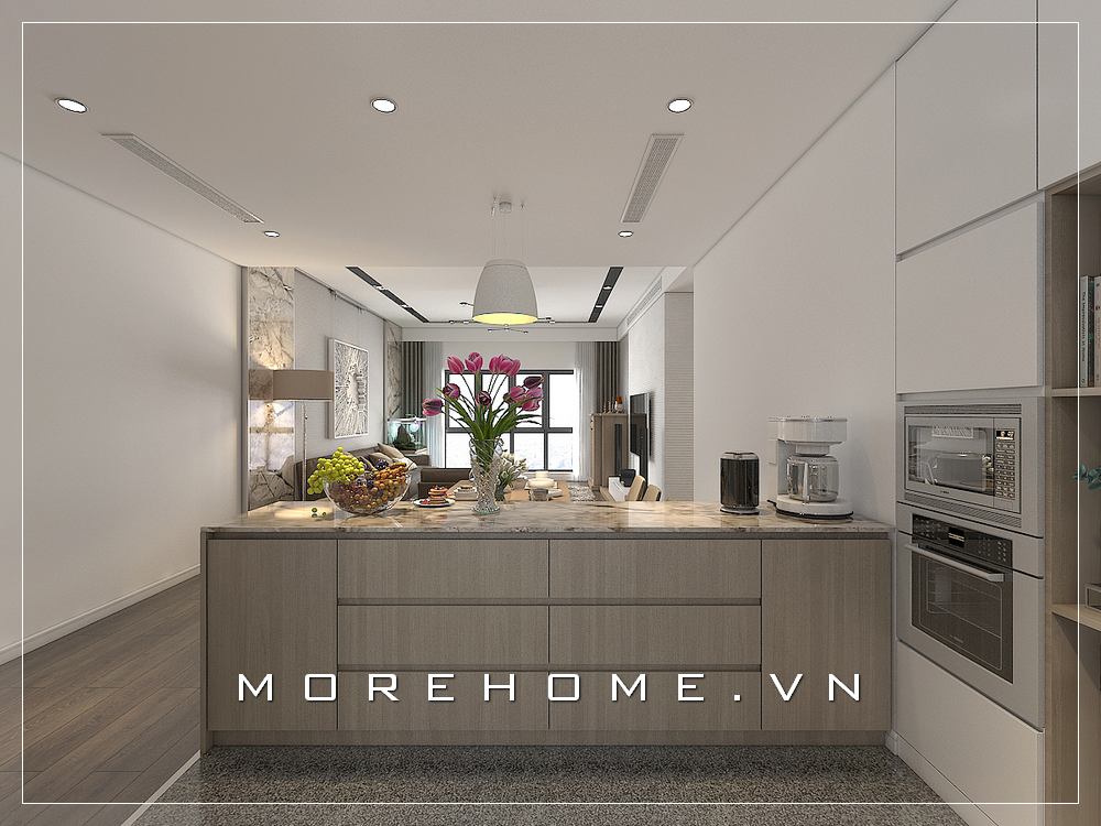 Mẫu bàn đảo bếp gỗ công nghiệp, mặt tủ ốp đá vàng vân mây cao cấp mang đến sự tiện nghi cho phòng bếp chung cư Đá ốp bàn đảo bếp chung cư
